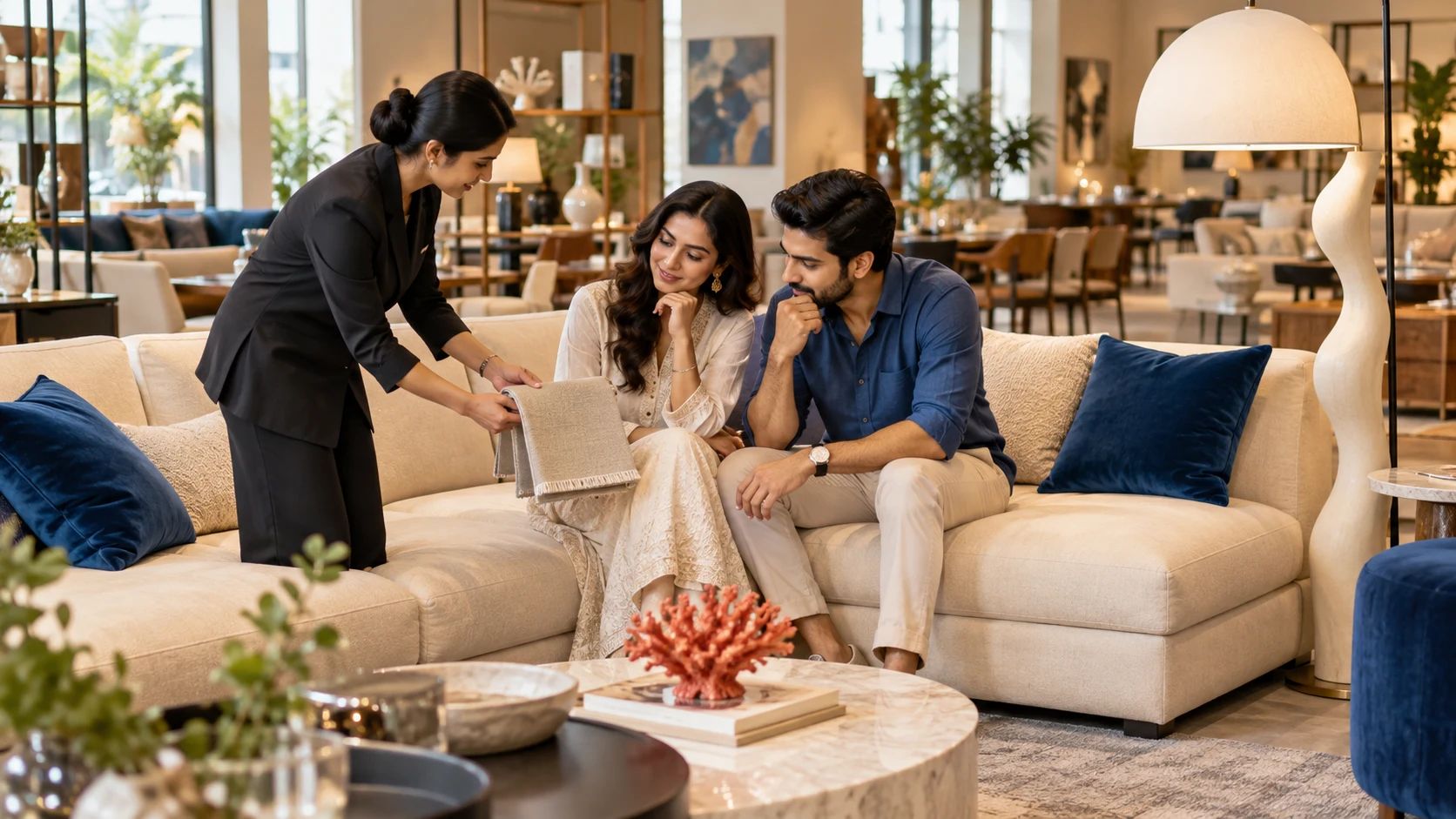 Illustrative shoppers discussing furniture with an adviser