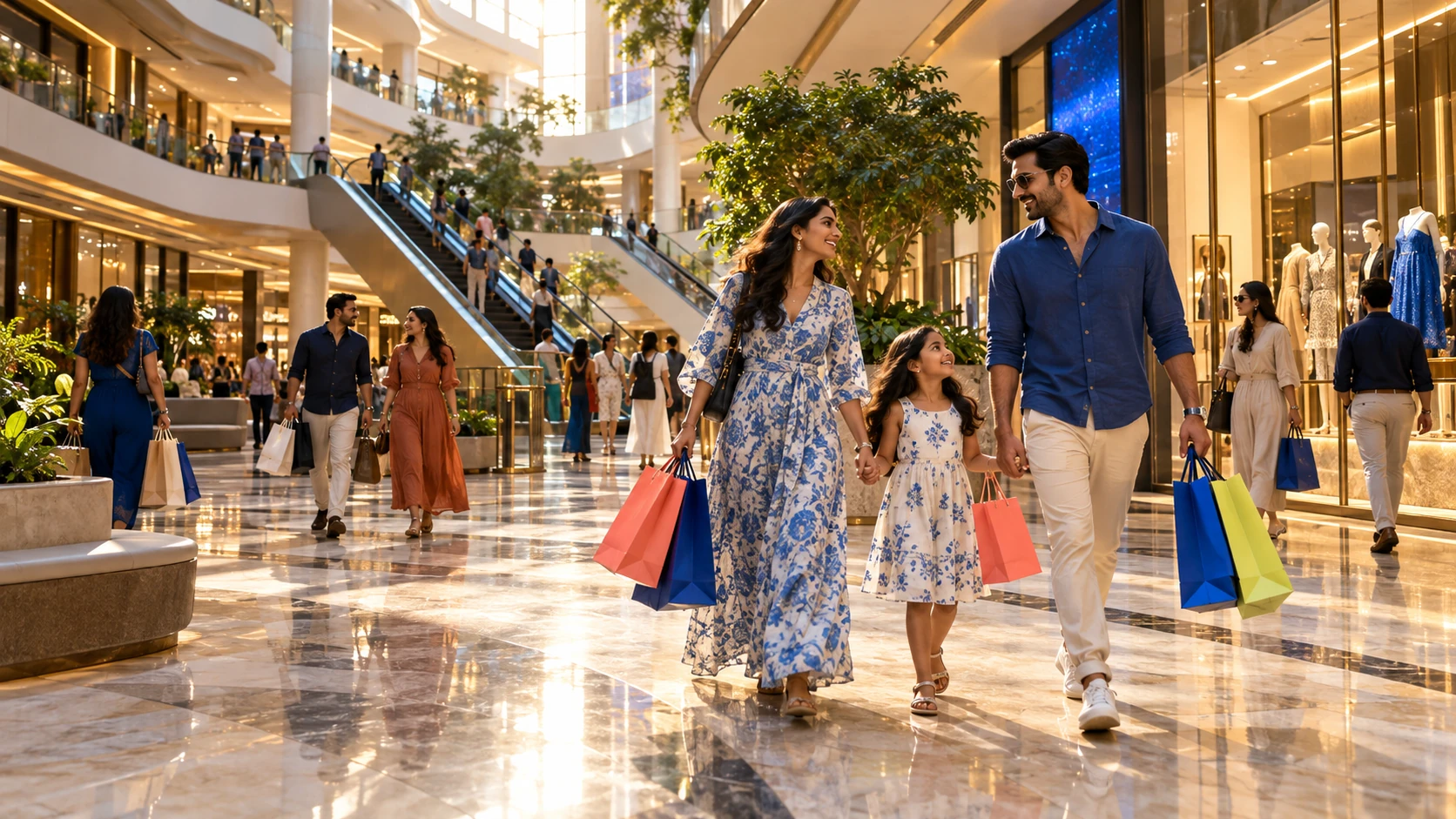 Illustrative shopping mall with visitors, stores and retail activity